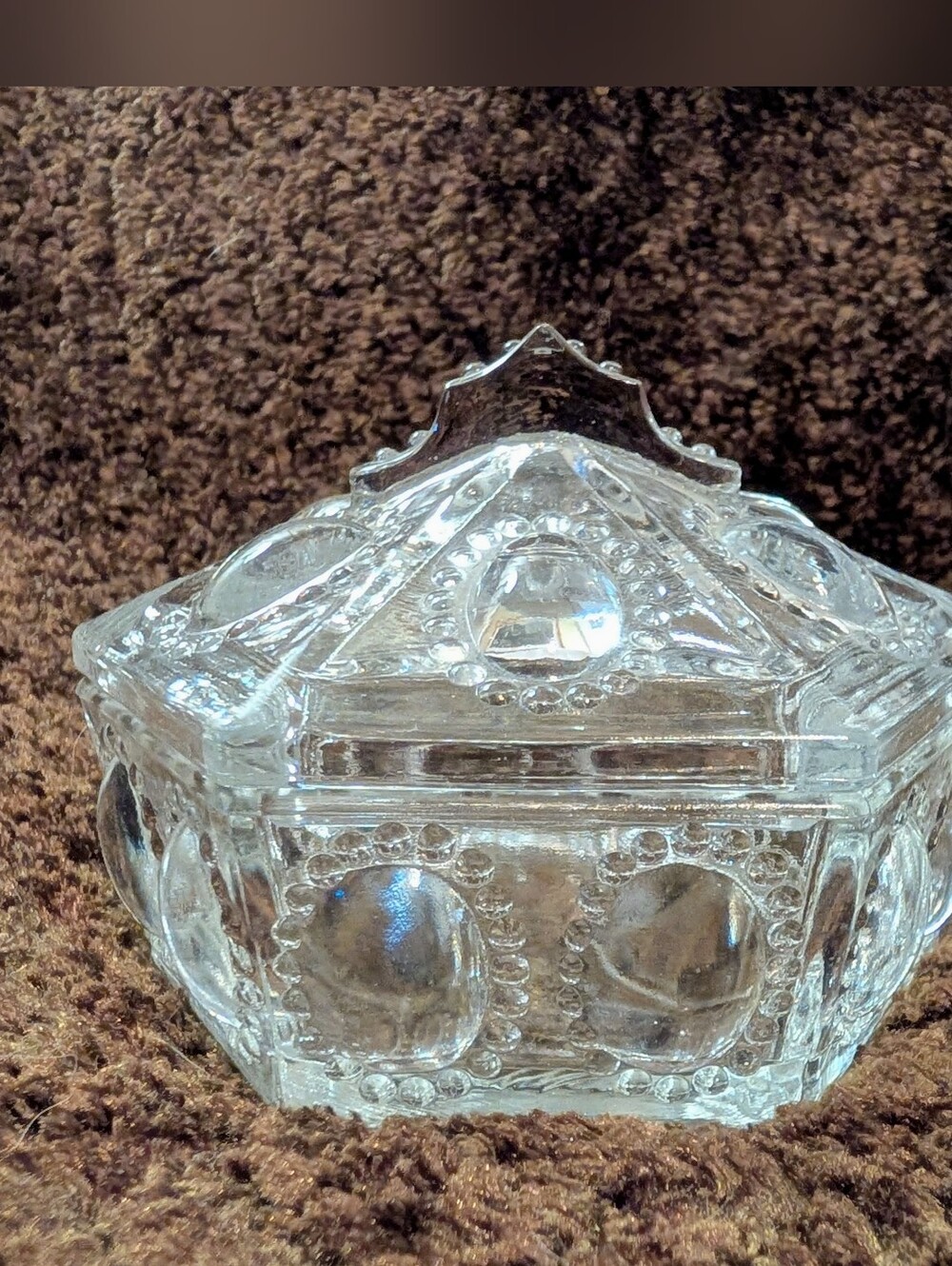 Vintage Smith Glass Clear Hexagonal Beaded Medallion Lidded Trinket Vanity Box
